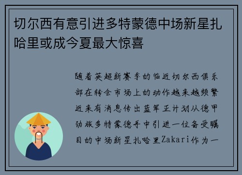 切尔西有意引进多特蒙德中场新星扎哈里或成今夏最大惊喜